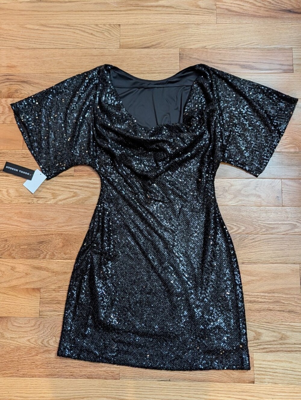 Nwt Donna Morgan Cowl Neck Short Flutter Sleeve Black Sequin Mini Dress 10 - Picture 5 of 10